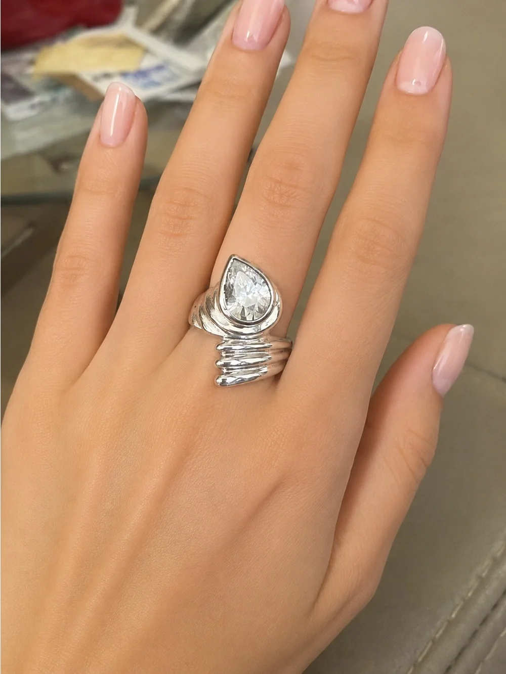 Estate Sterling Silver Ring Modernistic Design CZ Stone 10.7 Grams Pear Cut